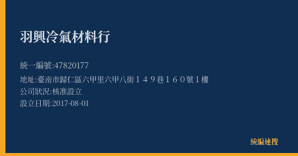羽興冷氣材料行的照片-統編 47820177(臺南市) 公司登記資料與營業項目詳細圖表