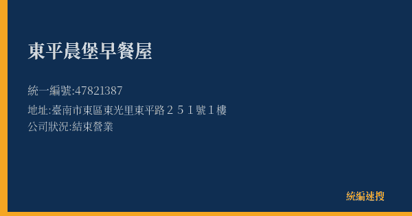 東平晨堡早餐屋的照片-統編 47821387(臺南市) 公司登記資料與營業項目詳細圖表