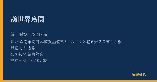 鵡世界鳥園的照片-統編 47824856(臺南市) 公司登記資料與營業項目詳細圖表