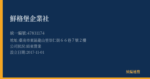 鮮格堡企業社的照片-統編 47831174(臺南市) 公司登記資料與營業項目詳細圖表