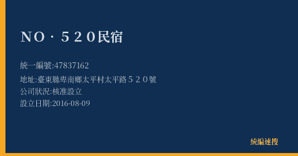 NO.520民宿的照片-統編 47837162(臺東縣) 公司登記資料與營業項目詳細圖表