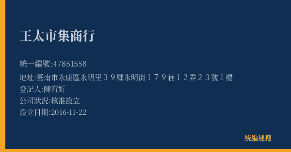 王太市集商行的照片-統編 47851558(臺南市) 公司登記資料與營業項目詳細圖表