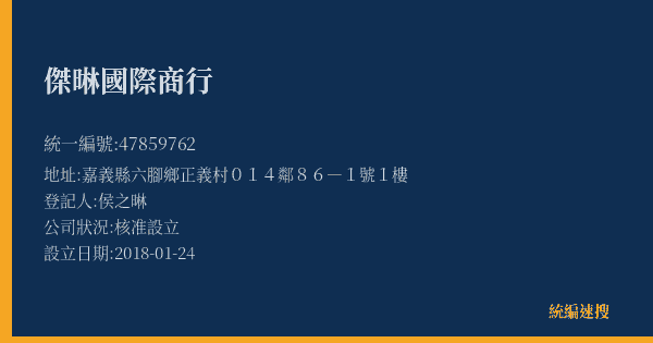 傑晽國際商行的照片-統編 47859762(嘉義縣) 公司登記資料與營業項目詳細圖表