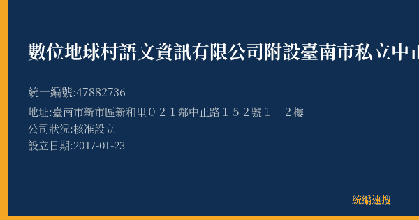 數位地球村語文資訊有限公司附設臺南市私立中正地球村美日語短期補習班的照片-統編 47882736(臺南市) 公司登記資料與營業項目詳細圖表