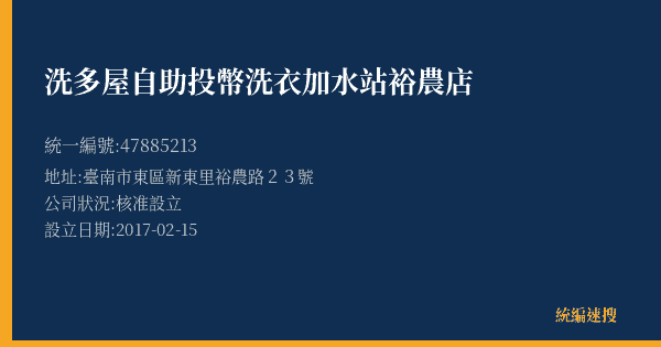 洗多屋自助投幣洗衣加水站裕農店的照片-統編 47885213(臺南市) 公司登記資料與營業項目詳細圖表