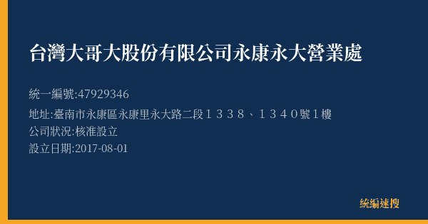 台灣大哥大股份有限公司永康永大營業處的照片-統編 47929346(臺南市) 公司登記資料與營業項目詳細圖表