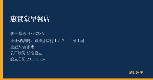 惠實堂早餐店的照片-統編 47932861(澎湖縣) 公司登記資料與營業項目詳細圖表