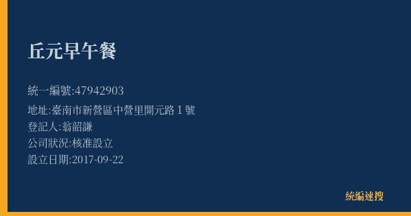 丘元早午餐的照片-統編 47942903(臺南市) 公司登記資料與營業項目詳細圖表