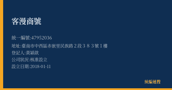 客漫商號的照片-統編 47952036(臺南市) 公司登記資料與營業項目詳細圖表