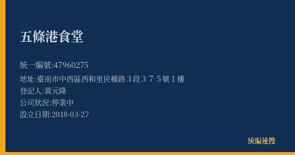 五條港食堂的照片-統編 47960275(臺南市) 公司登記資料與營業項目詳細圖表
