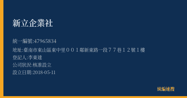 新立企業社的照片-統編 47965834(臺南市) 公司登記資料與營業項目詳細圖表