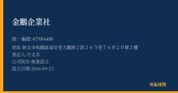 金鵬企業社的照片-統編 47984488(新北市) 公司登記資料與營業項目詳細圖表