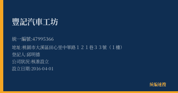 豐記汽車工坊的照片-統編 47995366(桃園市) 公司登記資料與營業項目詳細圖表
