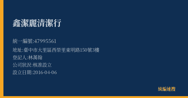 鑫潔麗清潔行的照片-統編 47995561(臺南市) 公司登記資料與營業項目詳細圖表