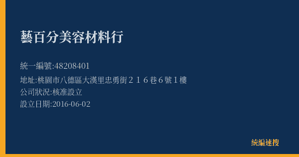 藝百分美容材料行的照片-統編 48208401(桃園市) 公司登記資料與營業項目詳細圖表