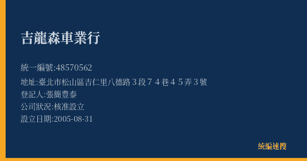 吉龍森車業行的照片-統編 48570562(臺北市) 公司登記資料與營業項目詳細圖表