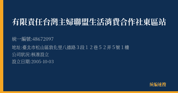 有限責任台灣主婦聯盟生活消費合作社東區站的照片-統編 48672097(臺北市) 公司登記資料與營業項目詳細圖表