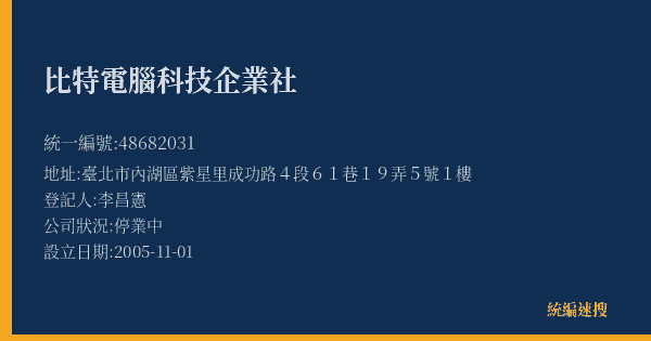比特電腦科技企業社的照片-統編 48682031(臺北市) 公司登記資料與營業項目詳細圖表