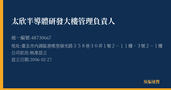 太欣半導體研發大樓管理負責人的照片-統編 48730667(臺北市) 公司登記資料與營業項目詳細圖表