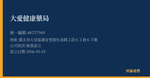 大愛健康藥局的照片-統編 48757969(臺北市) 公司登記資料與營業項目詳細圖表