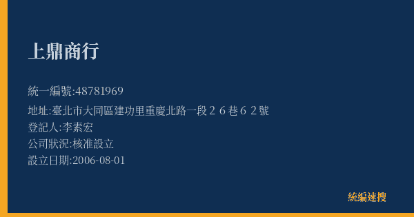 上鼎商行的照片-統編 48781969(臺北市) 公司登記資料與營業項目詳細圖表