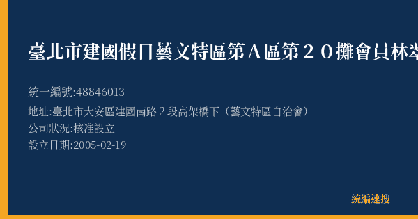臺北市建國假日藝文特區第A區第20攤會員林翠娟的照片-統編 48846013(臺北市) 公司登記資料與營業項目詳細圖表