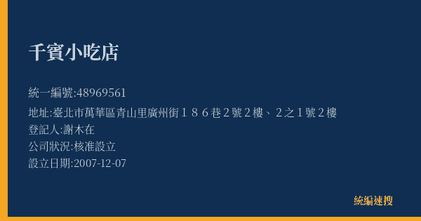 千賓小吃店的照片-統編 48969561(臺北市) 公司登記資料與營業項目詳細圖表