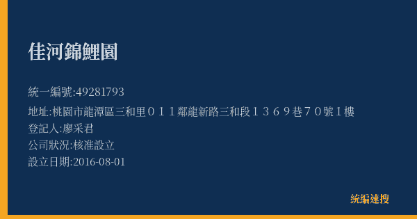 佳河錦鯉園的照片-統編 49281793(桃園市) 公司登記資料與營業項目詳細圖表