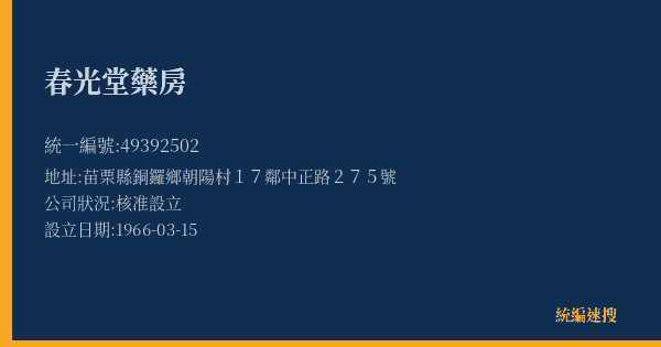 春光堂藥房的照片-統編 49392502(苗栗縣) 公司登記資料與營業項目詳細圖表