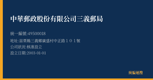 中華郵政股份有限公司三義郵局的照片-統編 49500018(苗栗縣) 公司登記資料與營業項目詳細圖表