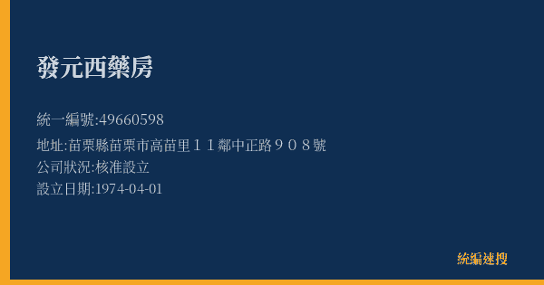發元西藥房的照片-統編 49660598(苗栗縣) 公司登記資料與營業項目詳細圖表