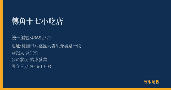 轉角十七小吃店的照片-統編 49682777(桃園市) 公司登記資料與營業項目詳細圖表