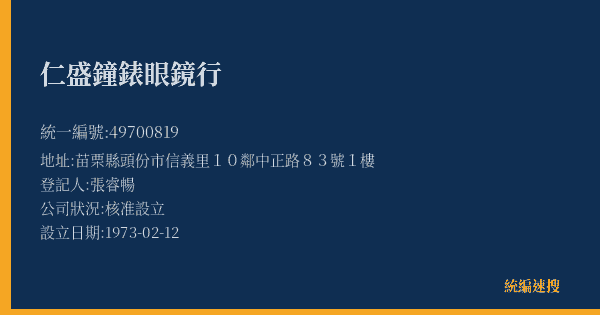 仁盛鐘錶眼鏡行的照片-統編 49700819(苗栗縣) 公司登記資料與營業項目詳細圖表
