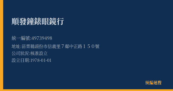 順發鐘錶眼鏡行的照片-統編 49739498(苗栗縣) 公司登記資料與營業項目詳細圖表