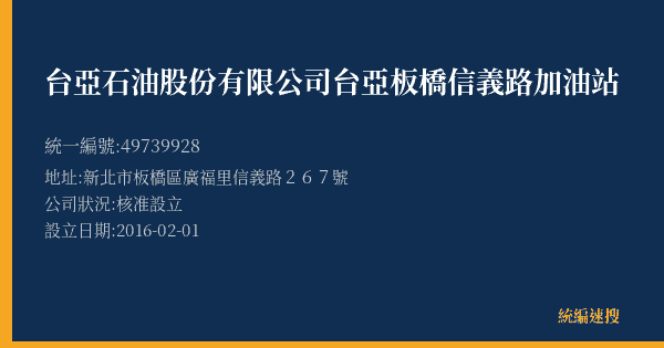 台亞石油股份有限公司台亞板橋信義路加油站的照片-統編 49739928(新北市) 公司登記資料與營業項目詳細圖表