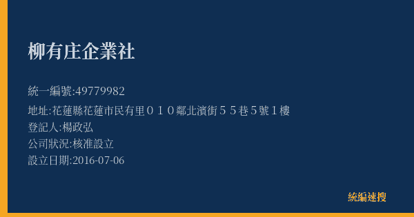 柳有庄企業社的照片-統編 49779982(花蓮縣) 公司登記資料與營業項目詳細圖表