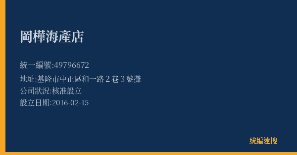 岡樺海產店的照片-統編 49796672(基隆市) 公司登記資料與營業項目詳細圖表