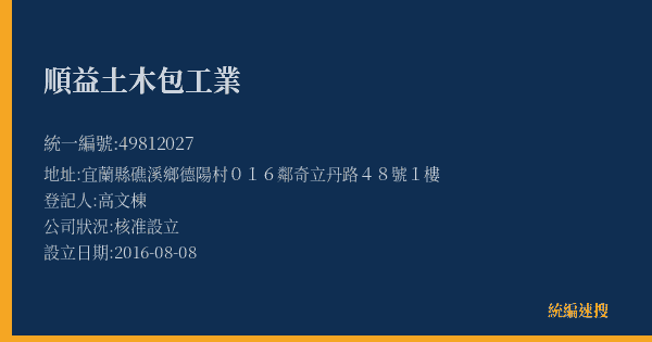 順益土木包工業的照片-統編 49812027(宜蘭縣) 公司登記資料與營業項目詳細圖表