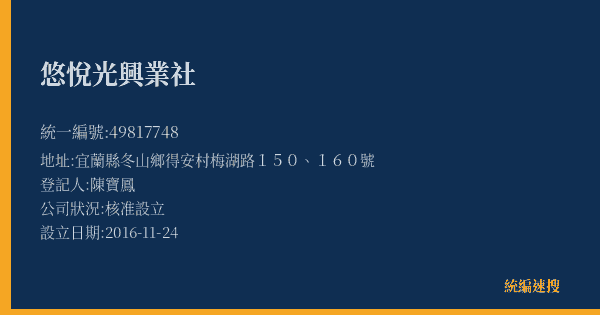 悠悅光興業社的照片-統編 49817748(宜蘭縣) 公司登記資料與營業項目詳細圖表