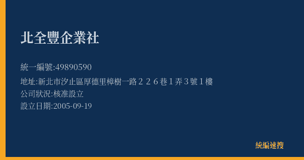 北全豐企業社的照片-統編 49890590(新北市) 公司登記資料與營業項目詳細圖表
