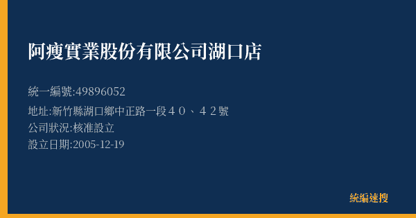 阿瘦實業股份有限公司湖口店的照片-統編 49896052(新竹縣) 公司登記資料與營業項目詳細圖表