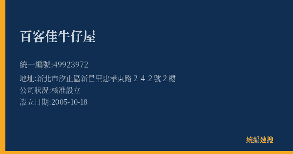 百客佳牛仔屋的照片-統編 49923972(新北市) 公司登記資料與營業項目詳細圖表