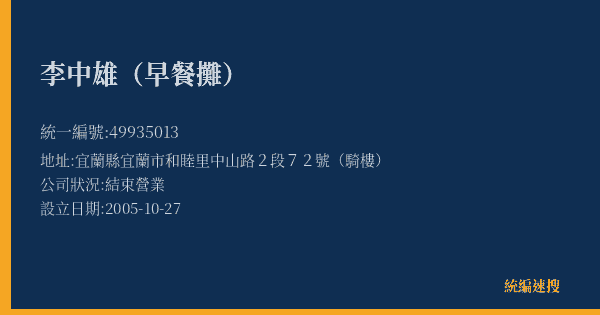 李中雄(早餐攤)的照片-統編 49935013(宜蘭縣) 公司登記資料與營業項目詳細圖表