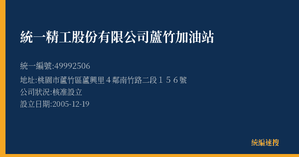 統一精工股份有限公司蘆竹加油站的照片-統編 49992506(桃園市) 公司登記資料與營業項目詳細圖表