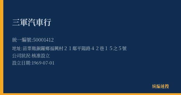 三軍汽車行的照片-統編 50001412(苗栗縣) 公司登記資料與營業項目詳細圖表