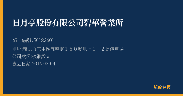 日月亭股份有限公司碧華營業所的照片-統編 50183601(新北市) 公司登記資料與營業項目詳細圖表