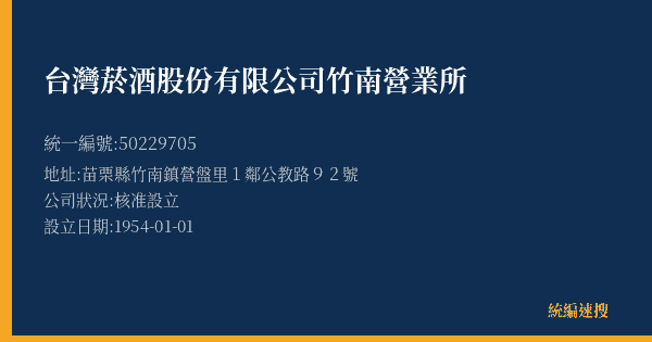 台灣菸酒股份有限公司竹南營業所的照片-統編 50229705(苗栗縣) 公司登記資料與營業項目詳細圖表