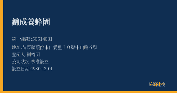 錦成養蜂園的照片-統編 50514031(苗栗縣) 公司登記資料與營業項目詳細圖表