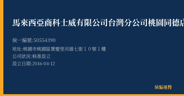 馬來西亞商科士威有限公司台灣分公司桃園同德店的照片-統編 50554390(桃園市) 公司登記資料與營業項目詳細圖表