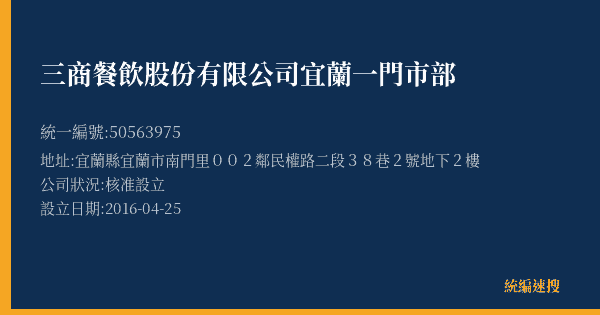 三商餐飲股份有限公司宜蘭一門市部的照片-統編 50563975(宜蘭縣) 公司登記資料與營業項目詳細圖表